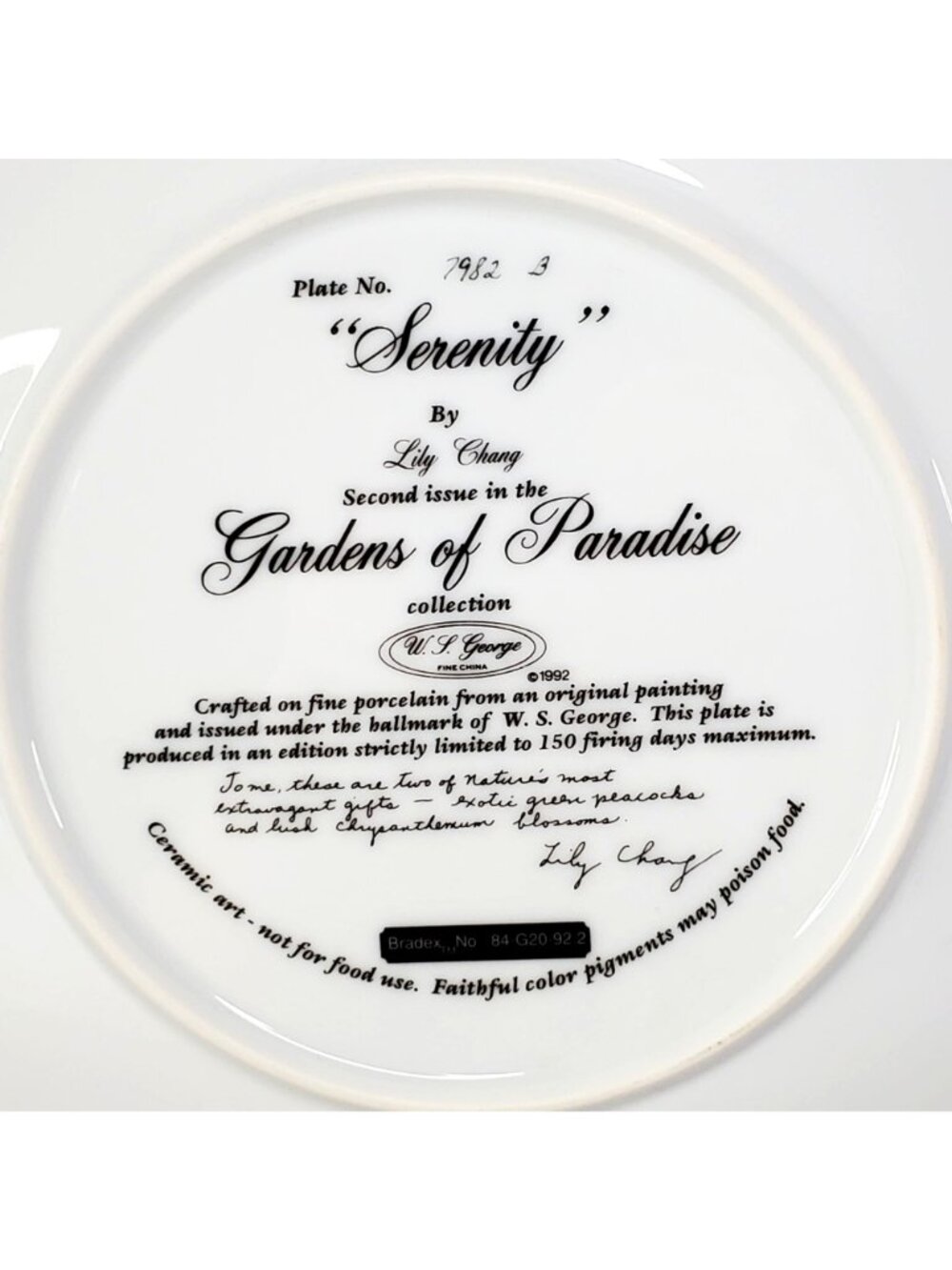 Serenity By Lily Chang Gardens Of Paradise Plate Peacocks Chrysanthemum 1992 COA - Picture 4 of 12